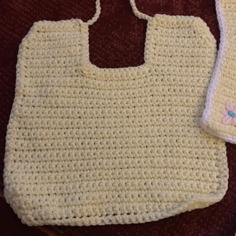 Five Crocheted Baby Bibs, Yellow/White; Green; Blue/White w/ Pink Flowers